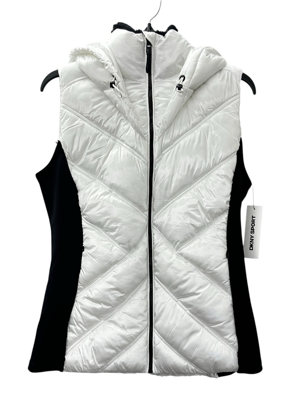 NWT DKNY Puffer Vest White Quilted Hooded Black Sides Pockets Women’s Size Large